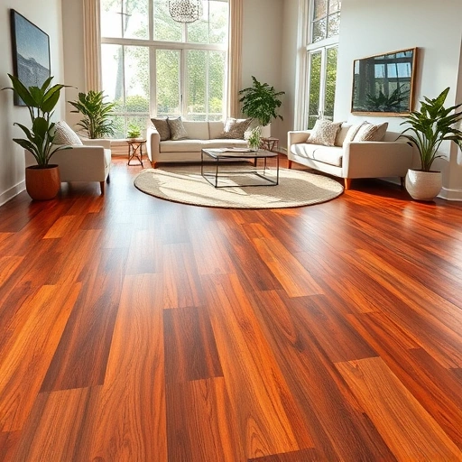 Modern living room in St. James City FL with polished hardwood flooring, minimalist decor, and natural light.