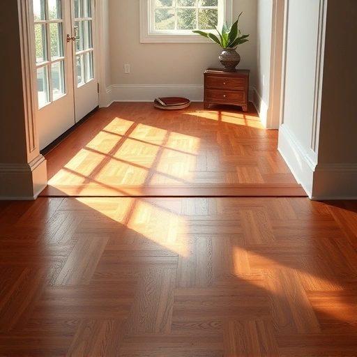 Hardwood floor threshold installation in Naples, FL, showcasing seamless transition and elegant herringbone pattern.