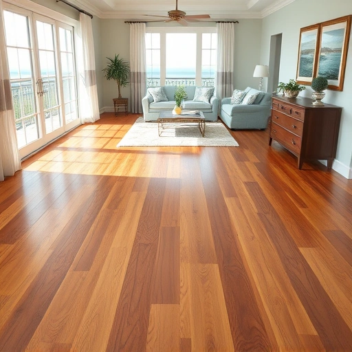 Completed wood flooring installation in Boca Grande FL with warm wood tones and coastal decor enhancing the space.