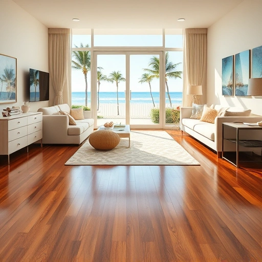 Spacious sunlit living room in Marco Island with polished hardwood floors and coastal decor elements.
