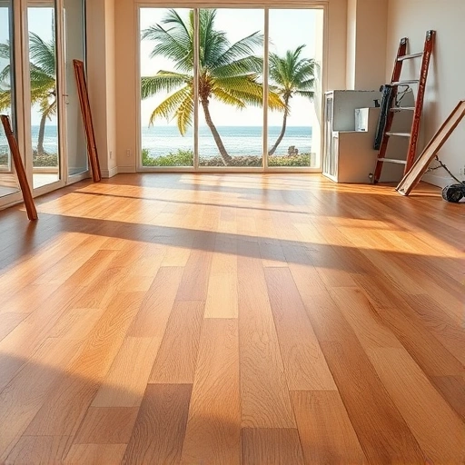 Freshly sanded hardwood floor in Naples, FL, showcasing rich tones and a smooth finish with tropical views.