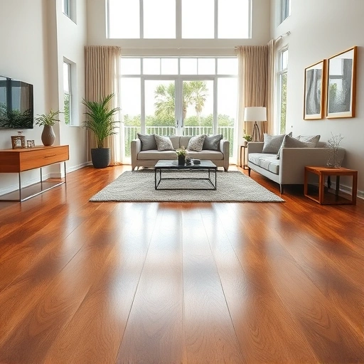 Completed wood flooring installation in a modern living room with polished oak, natural light, and elegant decor.