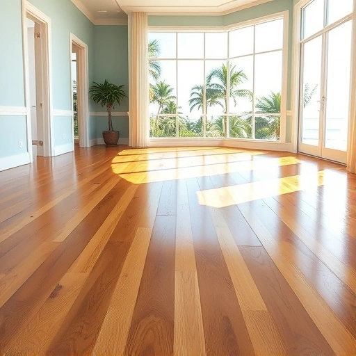 Polished hardwood floors in a serene coastal room with large windows and tropical views in Naples FL.