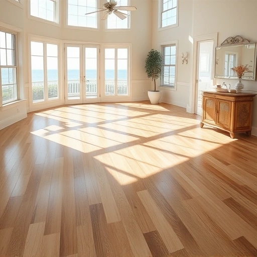 Spacious sunlit room with polished hardwood flooring, coastal decor, and large windows reflecting natural light.