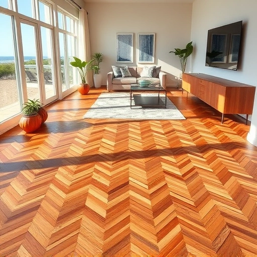 Hardwood floor replacement in Naples FL with herringbone pattern, natural light, and coastal decor elements.