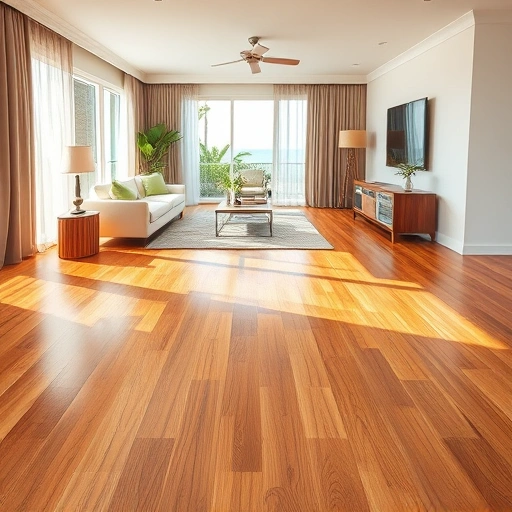 Spacious living room in Naples FL with elegant wood flooring, natural light, and tropical views through windows.