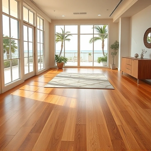 Spacious room in Naples with polished hardwood flooring, large windows, and a cozy area rug, enhancing coastal living.