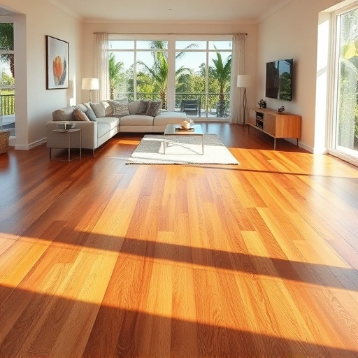 Wood flooring installation in a modern East Naples living room with rich tones, natural light, and minimalist decor.