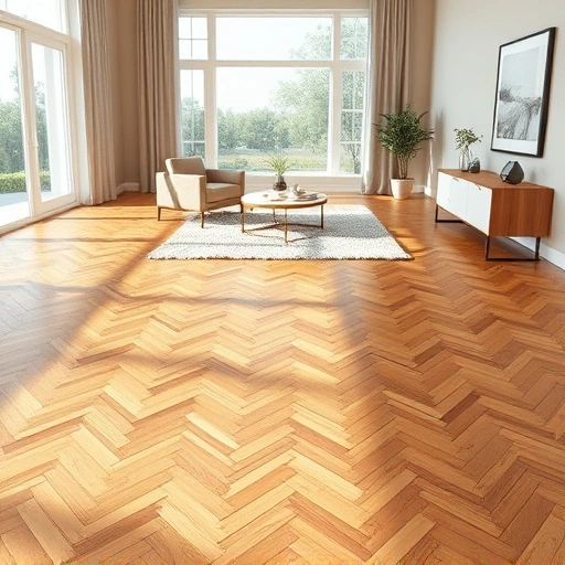 Wood flooring in herringbone pattern showcases rich oak tones in a spacious, airy room with natural light.