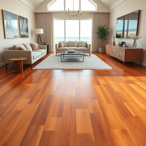 Hardwood floor staining in Naples FL with rich tones, sleek decor, and coastal elements enhancing the space.