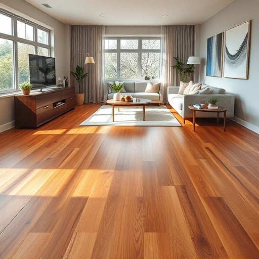 Completed wood flooring in a modern living room with warm-toned hardwood, elegant furnishings, and natural light.