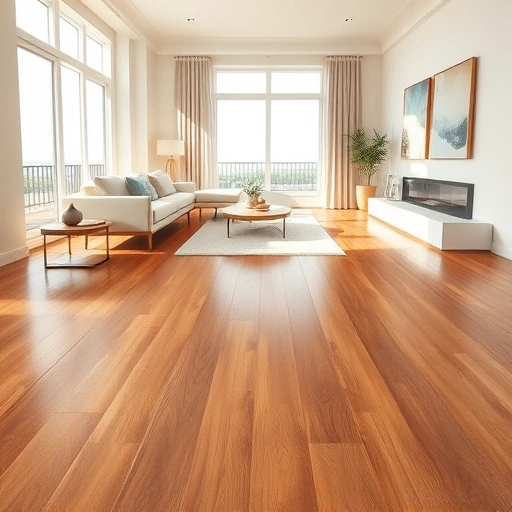 Completed wood flooring installation in Bokeelia FL shows polished oak planks in a modern living room with minimalistic decor.