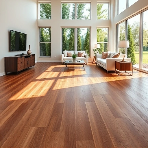Wood flooring installation in a modern living room with natural light, minimalistic decor, and lush greenery view.