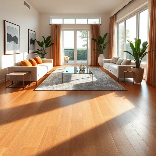 Beautiful living room in Naples featuring rich oak wood flooring, modern furniture, and tropical plants.