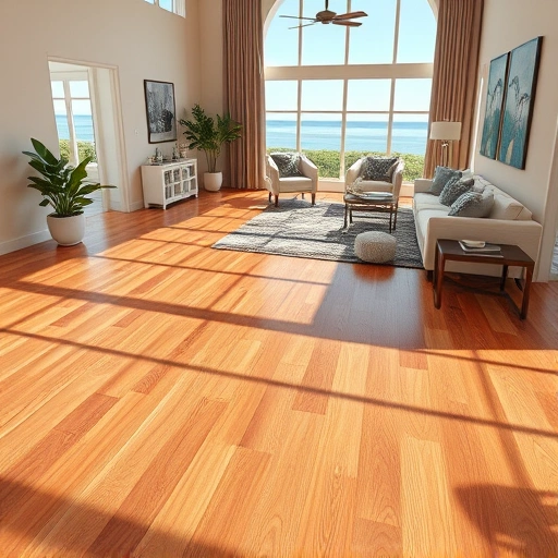 Wood flooring installation in Fort Myers Beach showcasing polished hardwood, elegant decor, and natural light reflections.