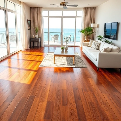 Spacious living room in Naples with polished hardwood floors and elegant coastal decor and furniture.