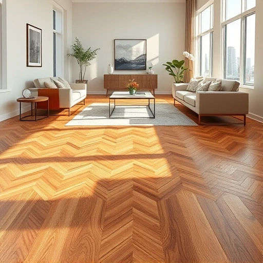 Completed wood flooring installation in Orlando, featuring polished oak in herringbone pattern with modern decor.
