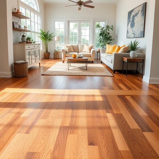 Hardwood floor threshold installation in a cozy living space with stylish furniture and warm natural light.
