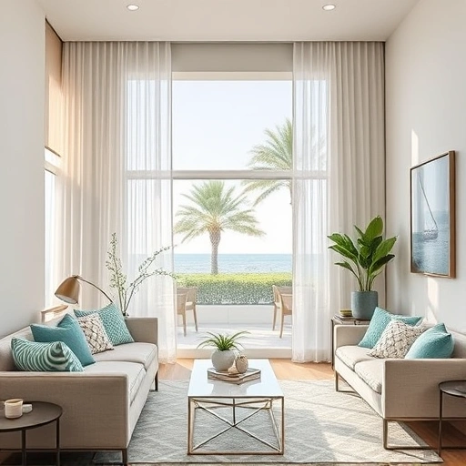 Stylish living room in Naples with sheer drapes and roller shades, highlighting coastal decor and natural light.