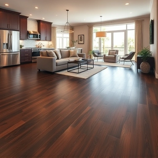 Modern living space in North Fort Myers with dark hardwood floors, open kitchen, cozy seating, and natural light.