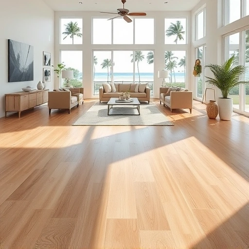 Spacious room in Naples with light oak flooring, large windows, beach decor, and tropical views.