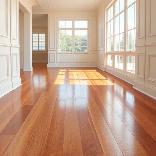 Hardwood floor trim installation in Naples FL showcasing polished wood, elegant trim, and spacious, well-lit interior.