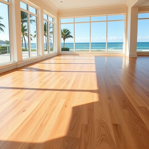 Spacious room in Naples with polished hardwood floors, natural light, and tropical views of palm trees and ocean.
