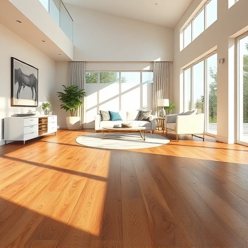 Solid wood flooring installation in a spacious Naples room with warm tones, natural grain, and stylish decor.