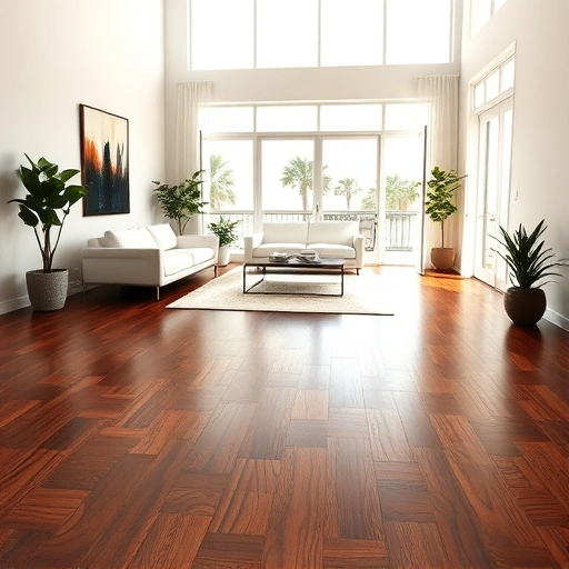 Spacious living room in Naples with dark wood flooring, large windows, and minimalist decor for a serene atmosphere.