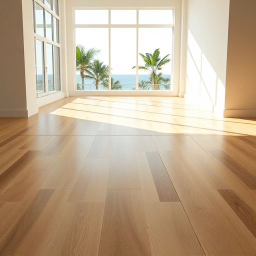 Spacious sunlit room in Naples showcasing polished hardwood flooring and elegant coastal decor.