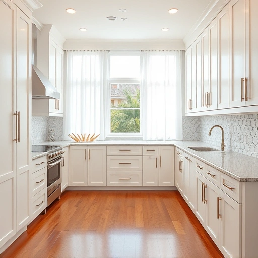 Modern kitchen with custom white cabinetry, granite countertops, and mosaic backsplash in Naples, FL.