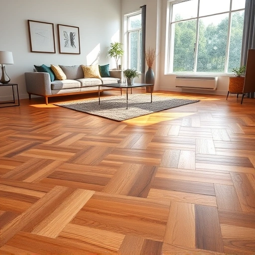 Completed wood flooring installation in Tice FL featuring warm oak tones, herringbone pattern, and modern decor.