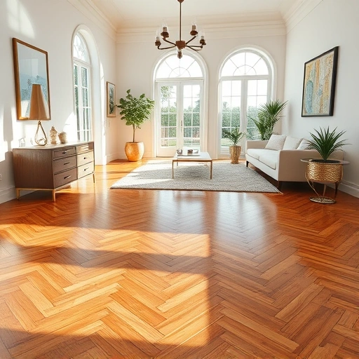 Elegant herringbone hardwood floor in a spacious Boca Grande room with natural light, neutral decor, and tasteful furnishings.