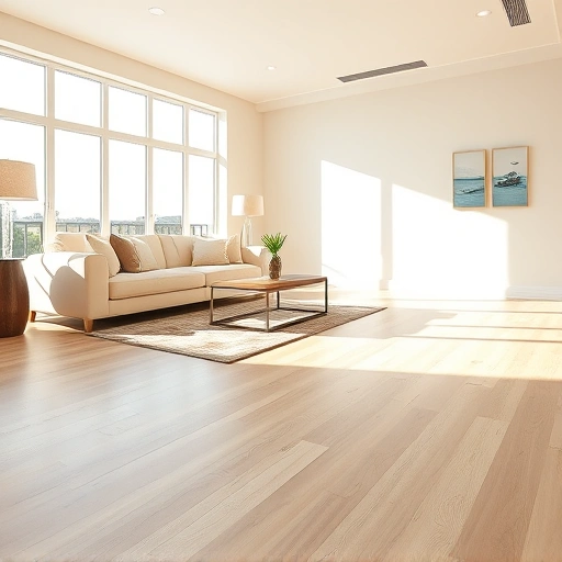 Spacious Bonita Beach living room with light hardwood floors, minimalistic decor, and coastal-themed artwork.