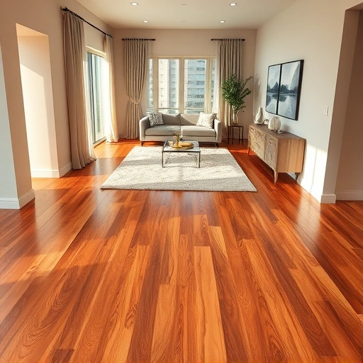 Hardwood floor replacement in Naples, showcasing polished planks and a warm color palette in an elegant interior.
