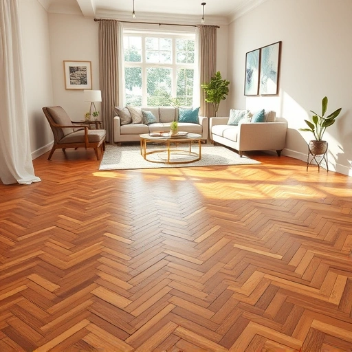 Completed hardwood flooring installation in Iona FL with herringbone pattern in a cozy living space featuring elegant decor.