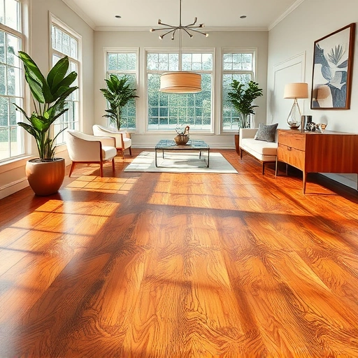 Completed hardwood flooring installation in Sarasota FL, featuring warm tones, glossy finish, and elegant decor.