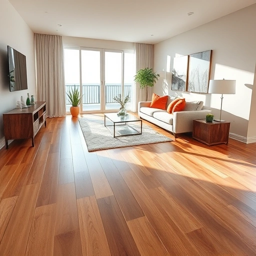 Modern living room in Fort Myers Beach featuring rich wood flooring, stylish furniture, and natural light.