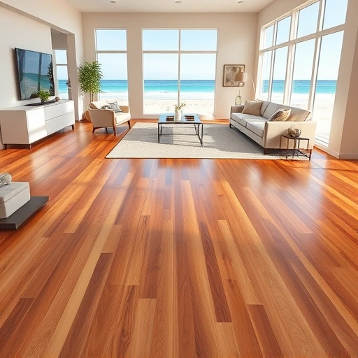 Luxurious polished hardwood flooring in a spacious Marco Island room with beach views and elegant decor.