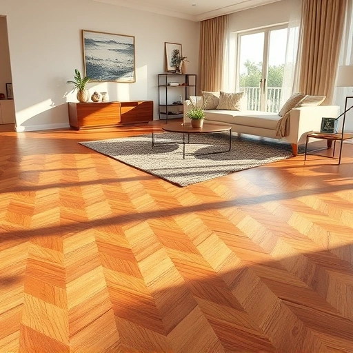 Completed wood flooring installation in Villas, FL features herringbone pattern, warm lighting, and modern furnishings.