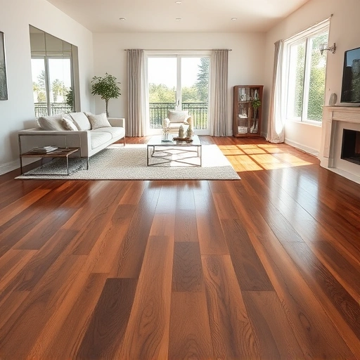 Hardwood floor stained in rich walnut finish enhances modern decor in a bright, serene Naples room.