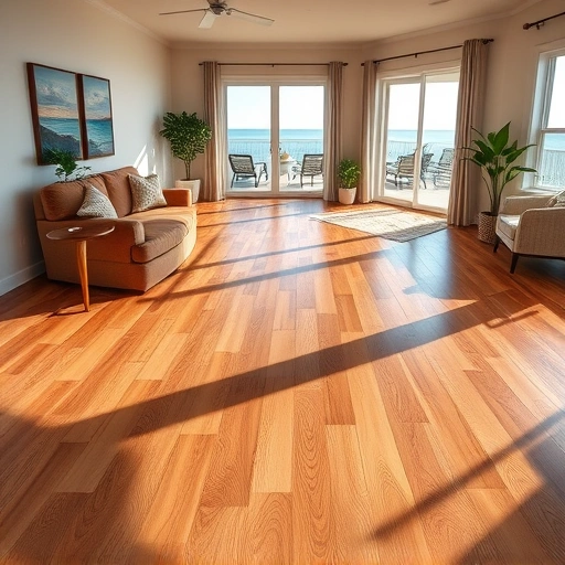 Spacious living area in Isles Of Capri with gleaming hardwood floors, nautical decor, and serene natural light.