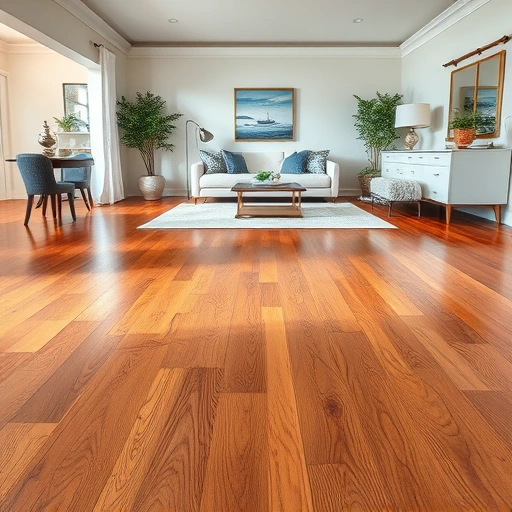 Hardwood floor staining in Naples, FL, showcasing rich tones and elegant coastal decor in a bright living space.