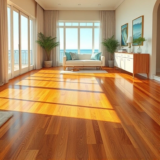 Beautifully polished hardwood floor in a coastal-themed interior, reflecting warm light and showcasing craftsmanship.