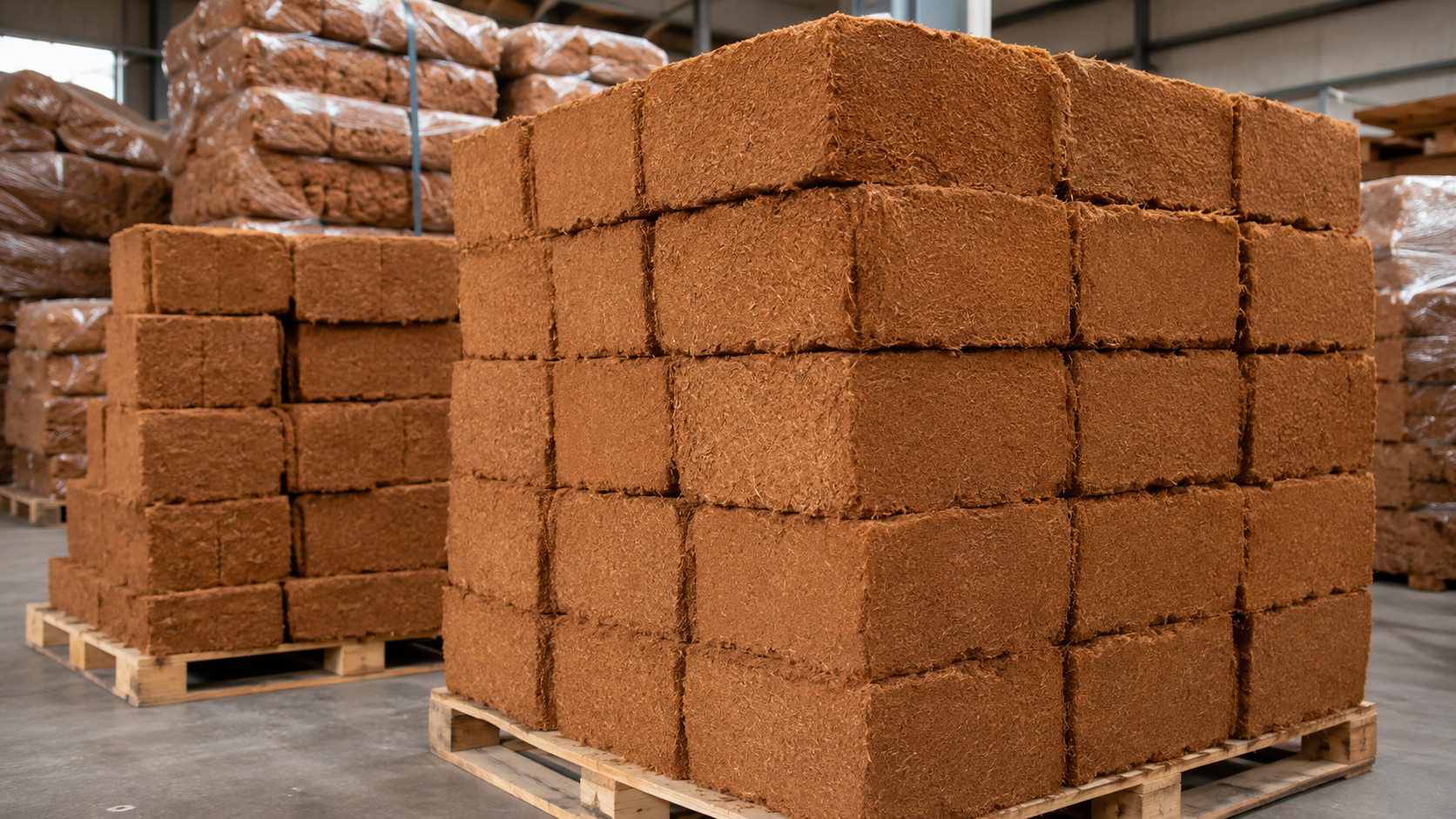 Bloques de coco apilados en almacen de distribucion