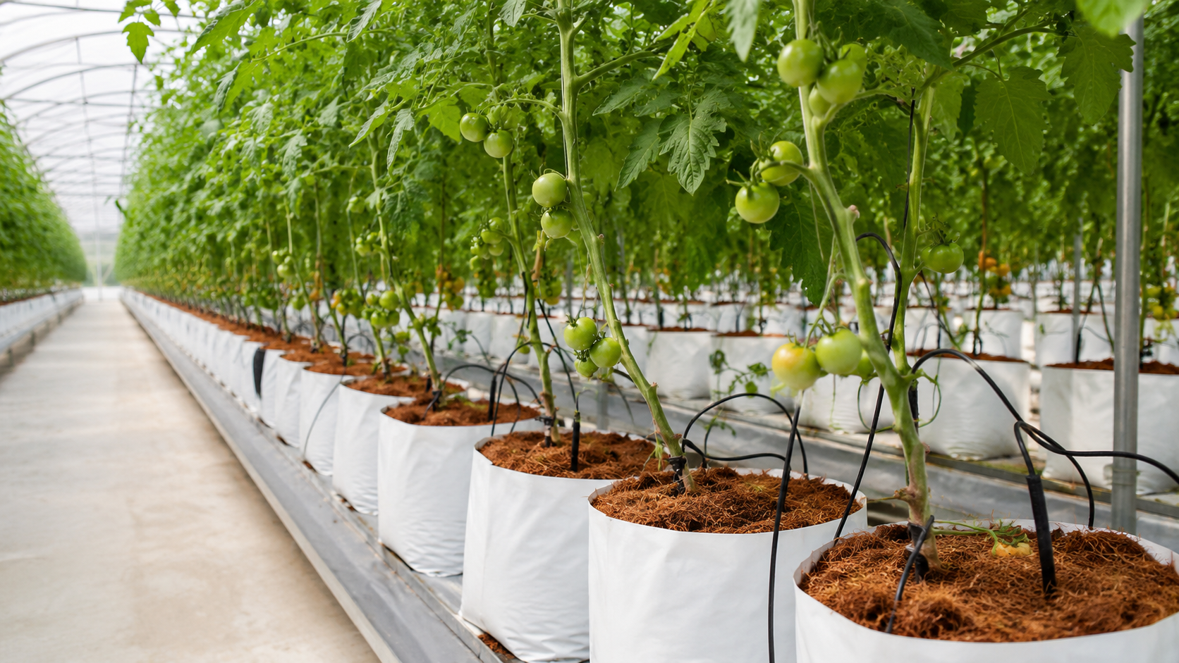 Tomate en grow bags de coco dentro de invernadero hidroponico