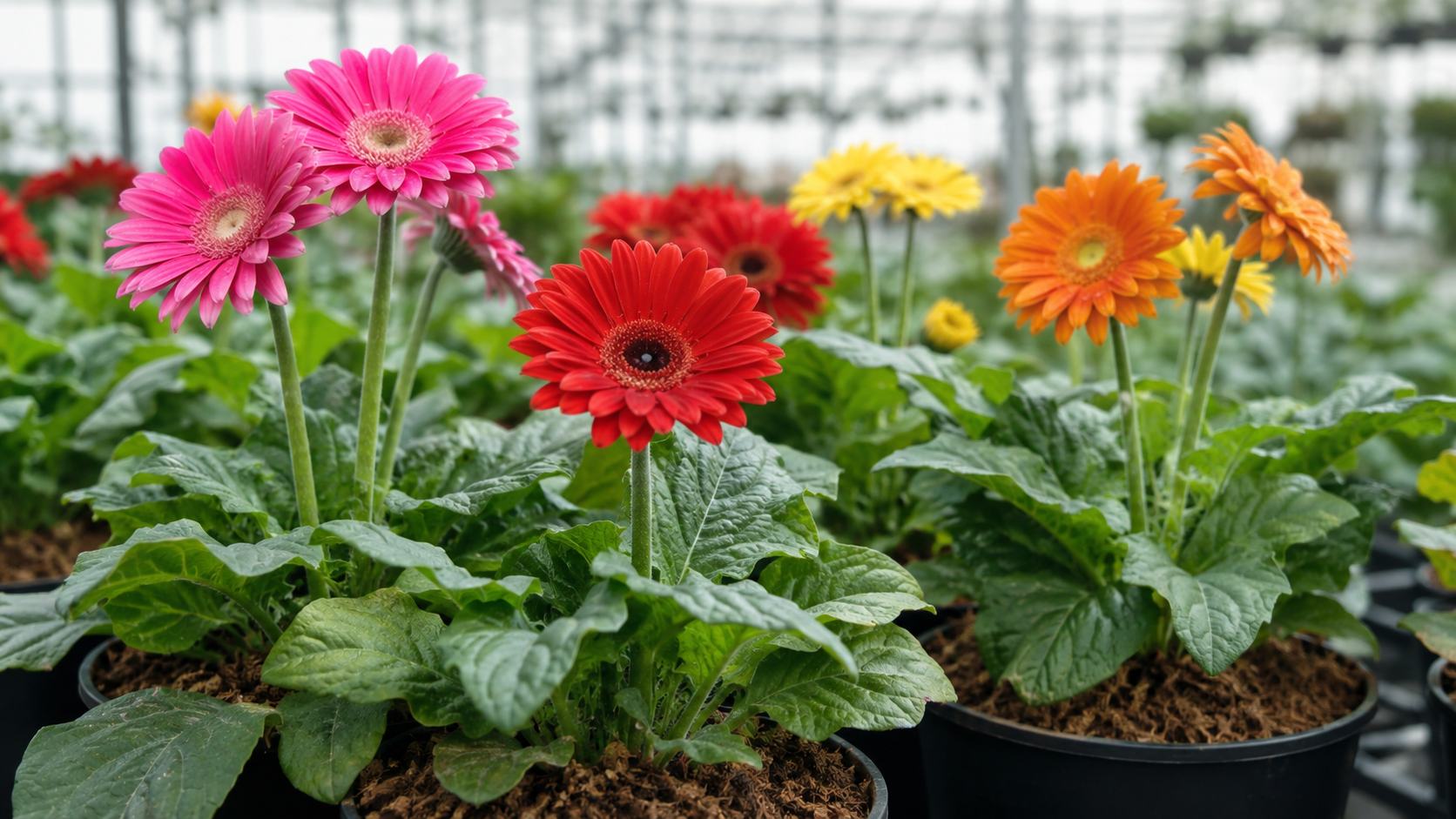 Gerberas en vivero con sustrato de coco bien drenado