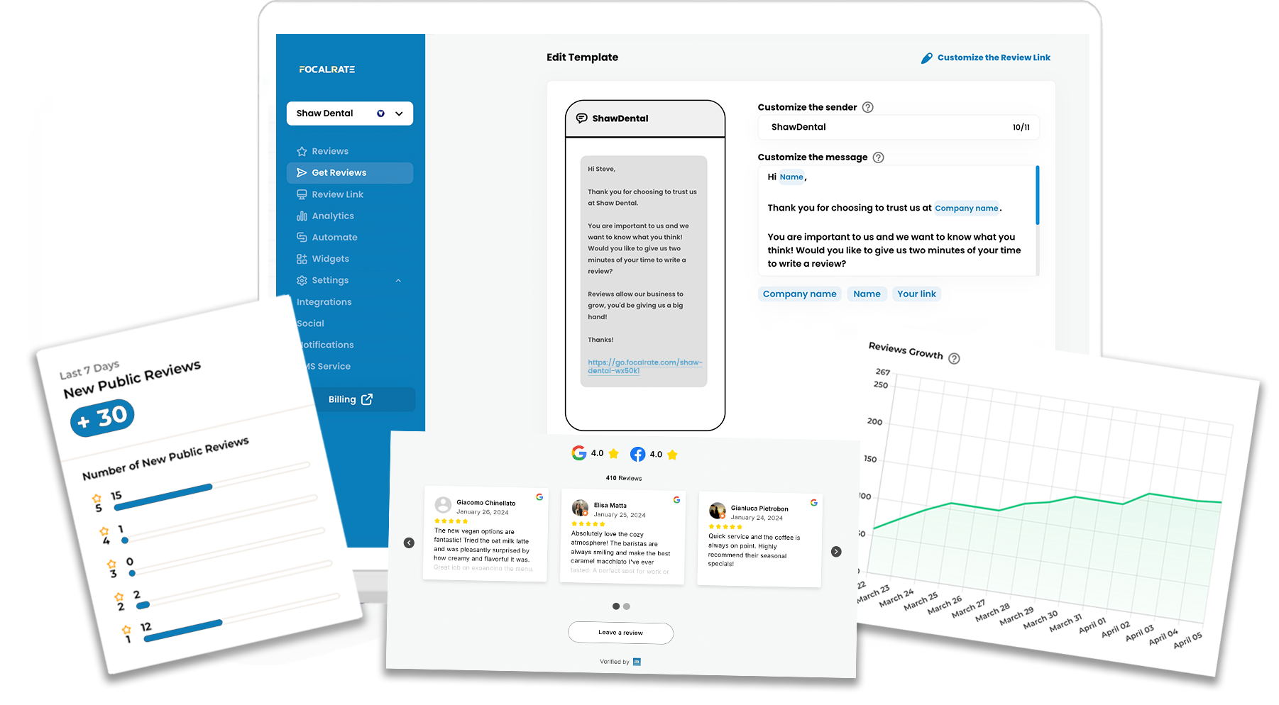 Screenshot of the FocalRate central dashboard showing review management features.