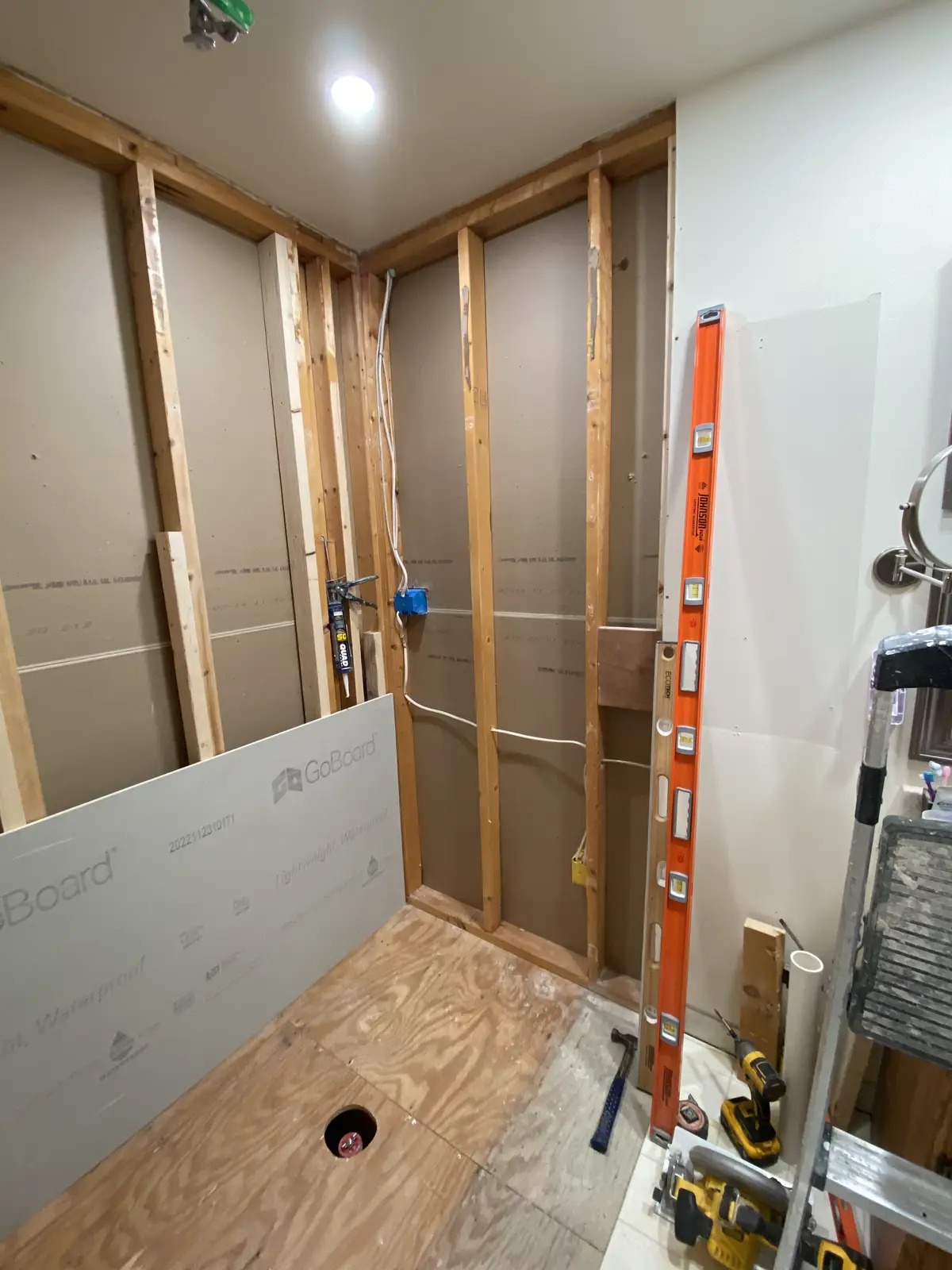 62 Candy Rd, Mohnton, PA 19540: Bathroom renovation at 62 Candy Rd showing exposed wall studs, electrical by Webster Custo...