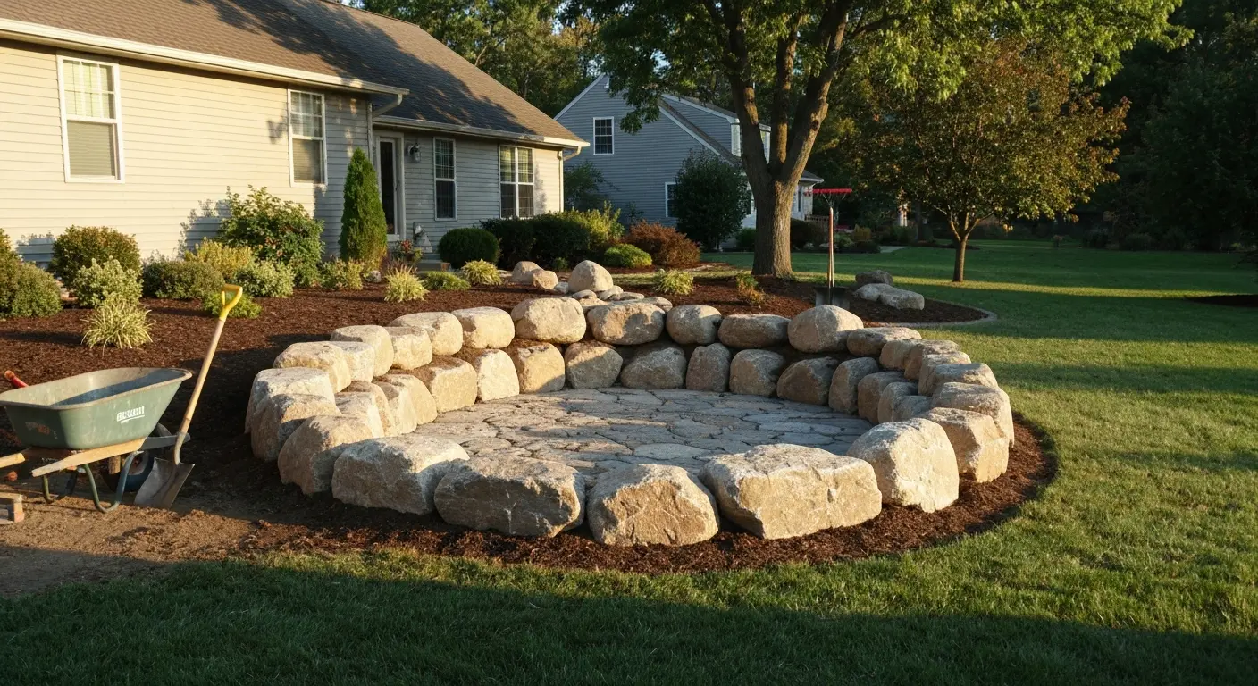 Full landscape rock installation in Greenwood yard
